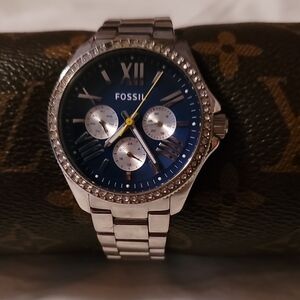 Women's‎ Cecile Fossil Watch AM4551 Blue Face Bling Bezel S Steel Band